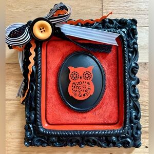 Handmade Black and Orange Owl Halloween Decor Scrollwork Ribbons